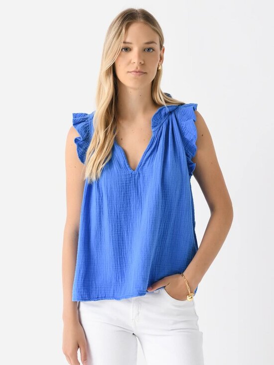 XiRENA Tops - Xirena 100% Cotton Poplin Ruffle Trim V-Neck Tank Top Gauzy in Nautical Blue S